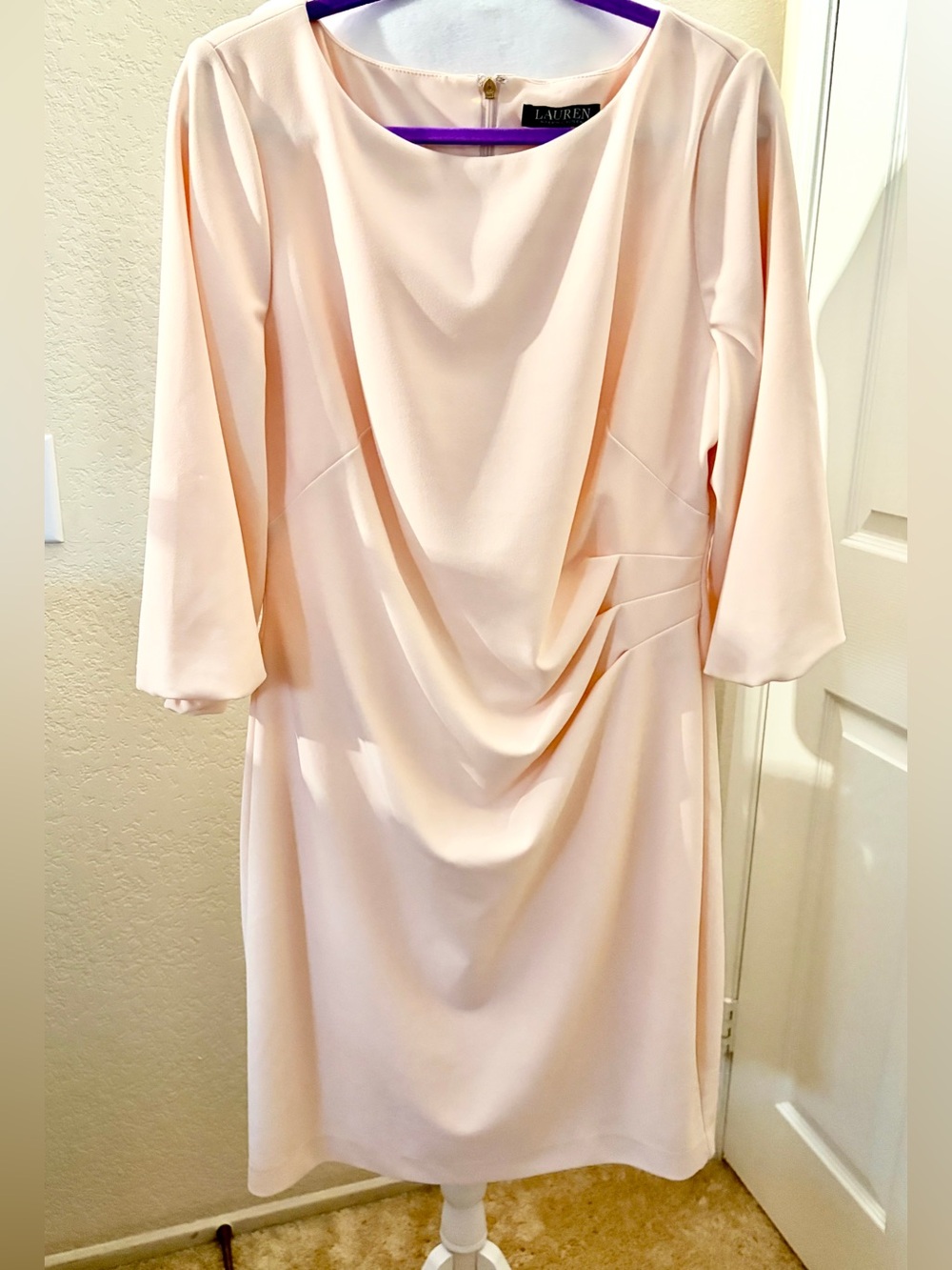 Lauren Ralph Lauren Soft Peach Draped Midi Dress 3/4 Puff Sleeves